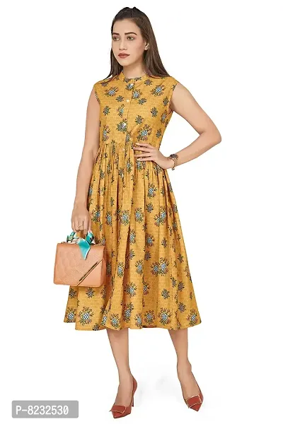 Fashion Dream Women?۪s BSY Polyester Mustard Yellow Floral Print Dresses-thumb0