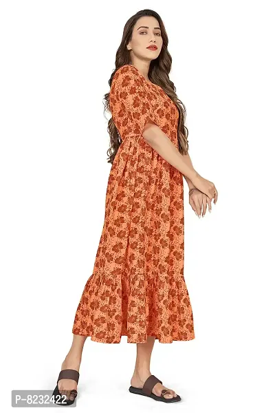 Fashion Dream Women?۪s Crepe Orange Ruffle Floral Printed Dresses-thumb3