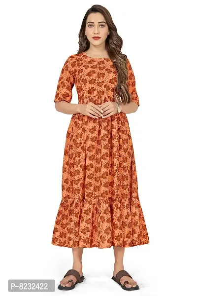 Fashion Dream Women?۪s Crepe Orange Ruffle Floral Printed Dresses