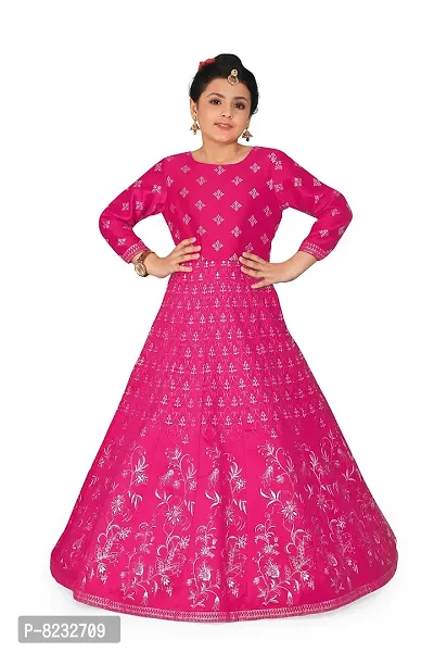 Fashion Dream Girls Dark Pink Taffeta Maxi Length Foil Printed Dresses-thumb4