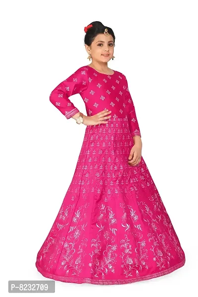 Fashion Dream Girls Dark Pink Taffeta Maxi Length Foil Printed Dresses-thumb0