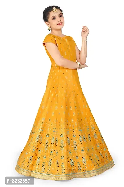 Fashion Dream Girl?۪s Crepe Silk Yellow Maxi Length Foil Print Dresses-thumb3