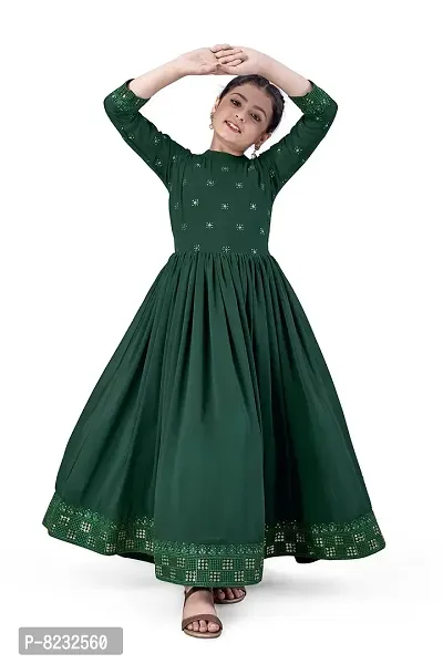 Fashion Dream Girl's Georgette Dark Green Maxi Length Embroidered Dress