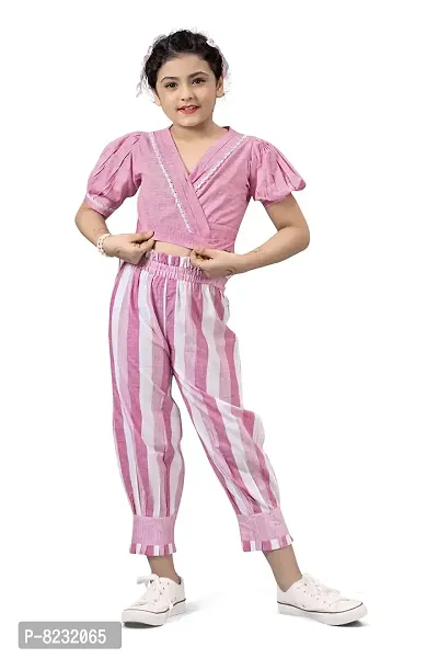 Fashion Dream Girls Stripe Shawl Neck Fusion Wear Top  Pant-thumb0