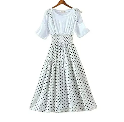 P.C Perry Collection Women's Stylish Polka Print Dori Straps Long Dress with White T Shirt - White