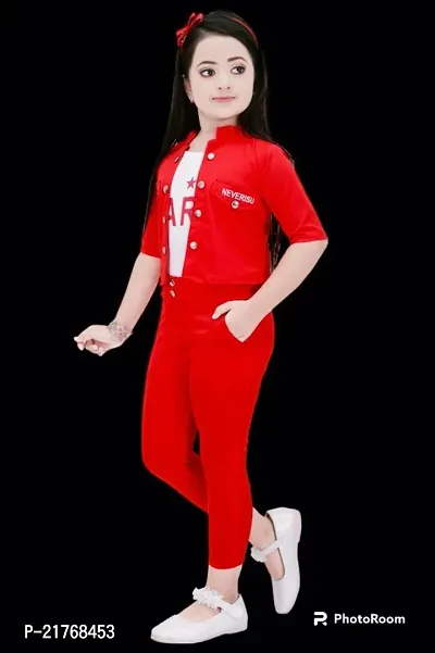 Girls Three Piece Red Jacket and White Inner  Red Pant Set-thumb0