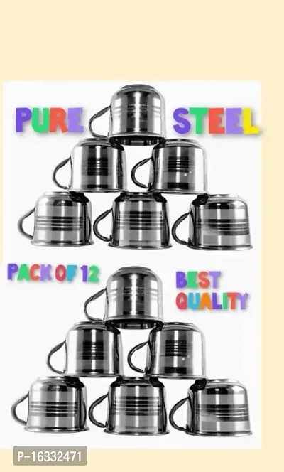 Stainless Steel Tea Cups Set Of 12 Pcs  Double Wall Royal Tea and Coffee Cups  Medium Cup Set Of 6, Latest Stylish Design, Cold Outside Hot Inside  Tea Cups For Travel 110Ml (Silver)-thumb0