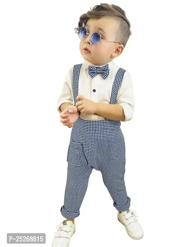 Stylish Baby Boys checkered Cotton Blend Long Sleeve Dungree Suit and Shirt with Bow Tie