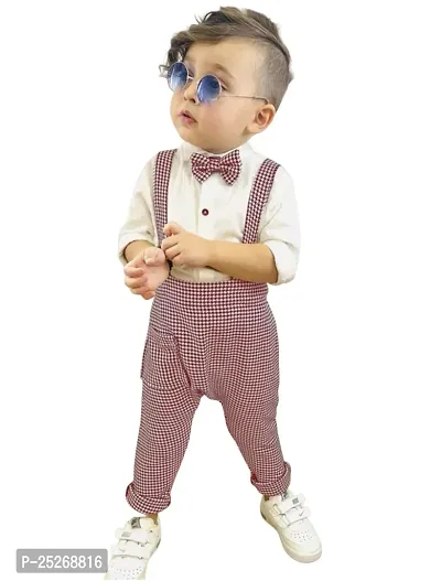 Stylish Baby Boys checkered Cotton Blend Long Sleeve Dungree Suit and Shirt with Bow Tie-thumb0