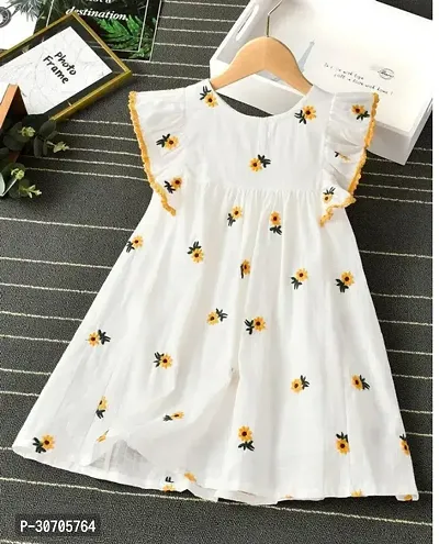 Fabulous White Cotton Printed A-Line Dress For Girls-thumb0