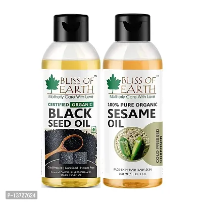 Bliss of Earth 100ML Certified Organic Black Seed Oil+Organic Sesame Oil 100ML. Coldpressed  Unrefined ( Pack of 2 )