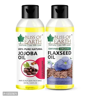 Bliss of Earth? 100% Pure Natural Jojoba Oil+Certified Organic Flaxseed Oil | 100ML |100% Pure Plant Based Source of Omega's 3,6  9 | Cold Pressed | (Pack of 2)