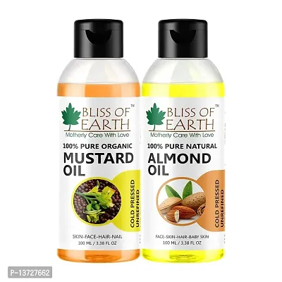 Bliss of Earth 100ML Organic Mustard Oil+100ML Natural Sweet Almond Oil (Coldpressed  Unrefined) Extracted From Whole Almond Kernels ( Pack of 2 )