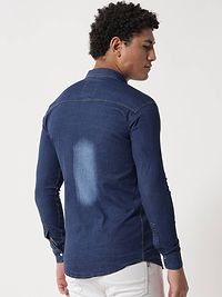 Navy Blue Denim Solid Casual Shirts For Men-thumb1