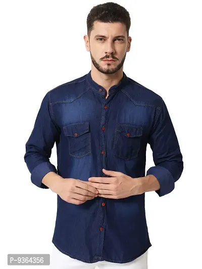 Navy Blue Denim Solid Casual Shirts For Men