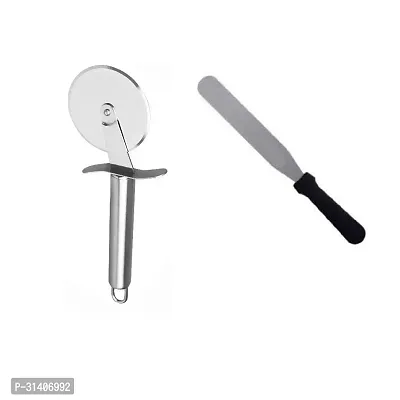 Classic Stainless Steel Pizza Cutter And Stainless Steel Flat Pallet Knife Spatula For Spreading Smoothing Of Icing Bakeware Tool 2 Pieces-thumb3