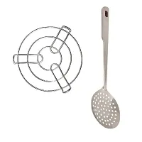 Stainless Steel Round Steamer Stand And SS Cooking Spoon Strainer Poni With Long Handle 2 Pcs-thumb2