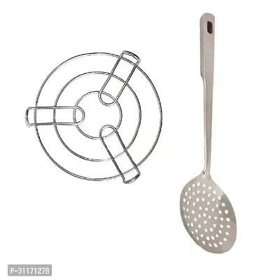 Stainless Steel Round Steamer Stand And SS Cooking Spoon Strainer Poni With Long Handle 2 Pcs-thumb3