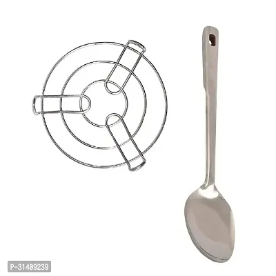 Stainless Steel Kitchen Cooking Pot Steaming Tray Round Cooker Steamer Stand And Ss Cooking Spoon Strainer Paan With Long Handle Set Of 2-thumb0