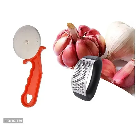 Plastic Red Pizza Cutter And Garlic Ginger Crusher For Kitchen Presser For Kitchen 2 Pcs-thumb3