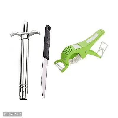 Stainless Steel Gas Lighter With Knife And Plastic 2 In 1 Multiperpose Bhindi Cutter Set Of 3