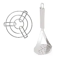 Stainless Steel Kitchen Cooking Pot Steaming Tray Round Cooker Steamer Stand And Stainless Steel Potato Pav Bhaji Big Masher Set Of 2-thumb1