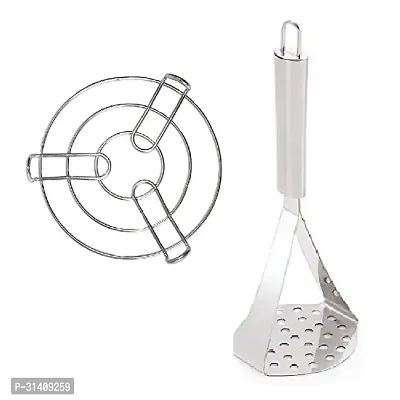 Stainless Steel Kitchen Cooking Pot Steaming Tray Round Cooker Steamer Stand And Stainless Steel Potato Pav Bhaji Big Masher Set Of 2-thumb2