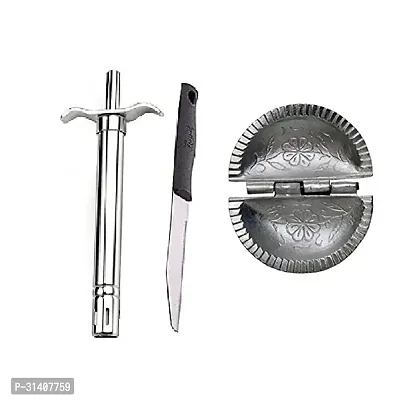 Stainless Steel Gas Lighter With Knife With Aluminium Gujiya Mould Set Of 3-thumb0