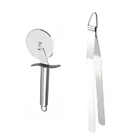 Stainless Steel Pizza Cutter With Stainless Steel Roti Tong Chimta 2 Pcs-thumb1