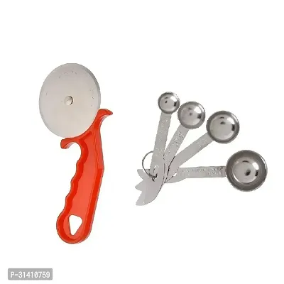 Plastic Red Pizza Cutter And Stainless Steel Measuring Spoons Set Of 4 Pieces Set Of 2-thumb2