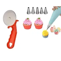 Plastic Red Pizza Cutter And 6 Pcs Stainless Steel Reusable Washable Cake Nozzle Silicone Icing Piping Cream Pastry Making Bag Set Of 2-thumb1