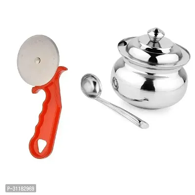 Plastic Red Pizza Cutter And Stainless Steel Ghee Pot Jar With Spoon Pack Of 3-thumb0