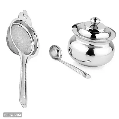 Classic Stainless Steel Tea Strainer And Stainless Steel Ghee Pot Jar With Spoon 2 Pieces-thumb3