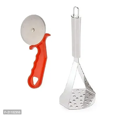 Plastic Red Pizza Cutter And Stainless Steel Potato Pav Bhaji Big Masher Pack Of 2