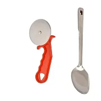 Plastic Red Pizza Cutter And SS Cooking Spoon Strainer Paan With Long Handle 2 Pcs-thumb1