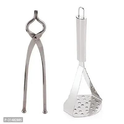 Classic Stainless Steel Sansi Pakkad Pinser And Stainless Steel Potato Pav Bhaji Big Masher 2 Pieces-thumb3