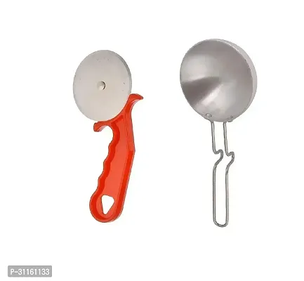 Plastic Red Pizza Cutter And Aluminium Silver Tadka Pan 2 Pcs