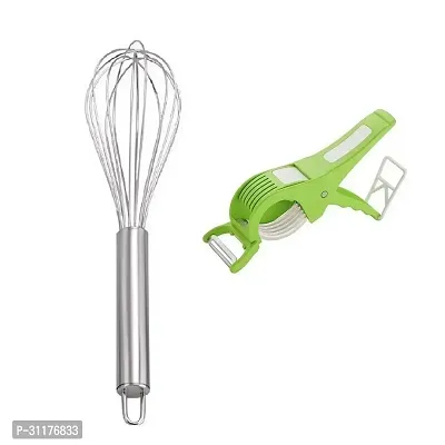 Stainless Steel Egg Beater And Plastic 2 In 1 Multiperpose Bhindi Cutter 2 Pcs-thumb2