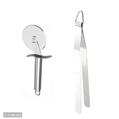 Stainless Steel Pizza Cutter With Roti Tong Pack Of 2-thumb0