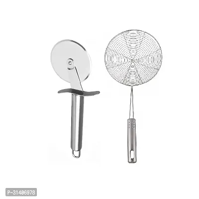 Classic Stainless Steel Pizza Cutter And Stainless Steel Deep Fry Jhara 2 Pieces-thumb3