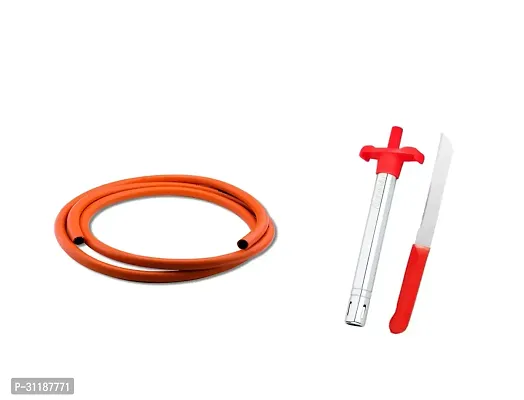 LPG Hose Flexible Gas Pipe -Steel Wire Reinforced 1.5 Meter With Gas Lighter And Vegetable Knife -Pack Of 3