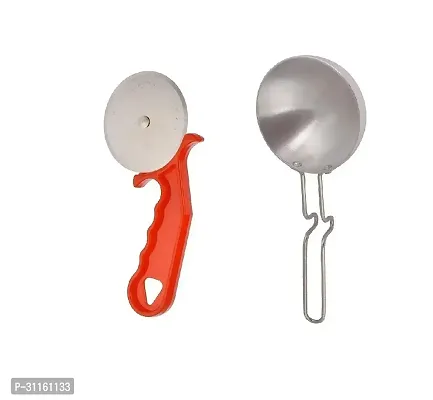 Plastic Red Pizza Cutter And Aluminium Silver Tadka Pan 2 Pcs-thumb2