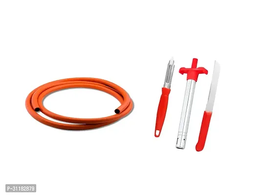 Isi Marked Lpg Hose Flexible Gas Pipe -Steel Wire Reinforced 1.5 Meter With Gas Lighter And Vegetable Knife And Peeler -Pack Of 4-thumb0