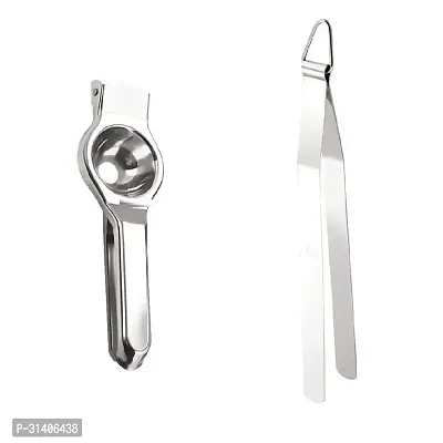 Classic Stainless Steel Lemon Squeezer With Stainless Steel Chimta For Roti Chapati Chimta Tong For Chapati Tong 2 Pieces-thumb0