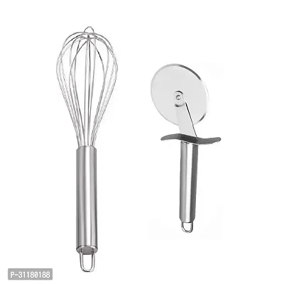 Stainless Steel Egg Beater With Stainless Steel Pizza Cutter Pack Of 2