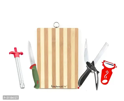 Bamboo Chopping Board, Stainless Steel Knife, Stainless Steel Clever Cutter, Potato Peeler And Gas Lighter Combo Of 5