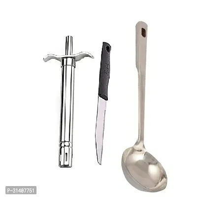 Stainless Steel Gas Lighter With Knife And Ss Cooking Spoon Strainer Chamcha With Long Handle Set Of 3