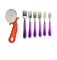 Plastic Red Pizza Cutter With Plastic Handle 6 Pcs Fork-thumb1