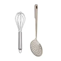 Stainless Steel Egg Beater And Ss Cooking Spoon Strainer Poni With Long Handle Pack Of 2-thumb1