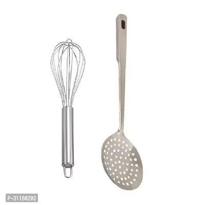 Stainless Steel Egg Beater And Ss Cooking Spoon Strainer Poni With Long Handle Pack Of 2-thumb2